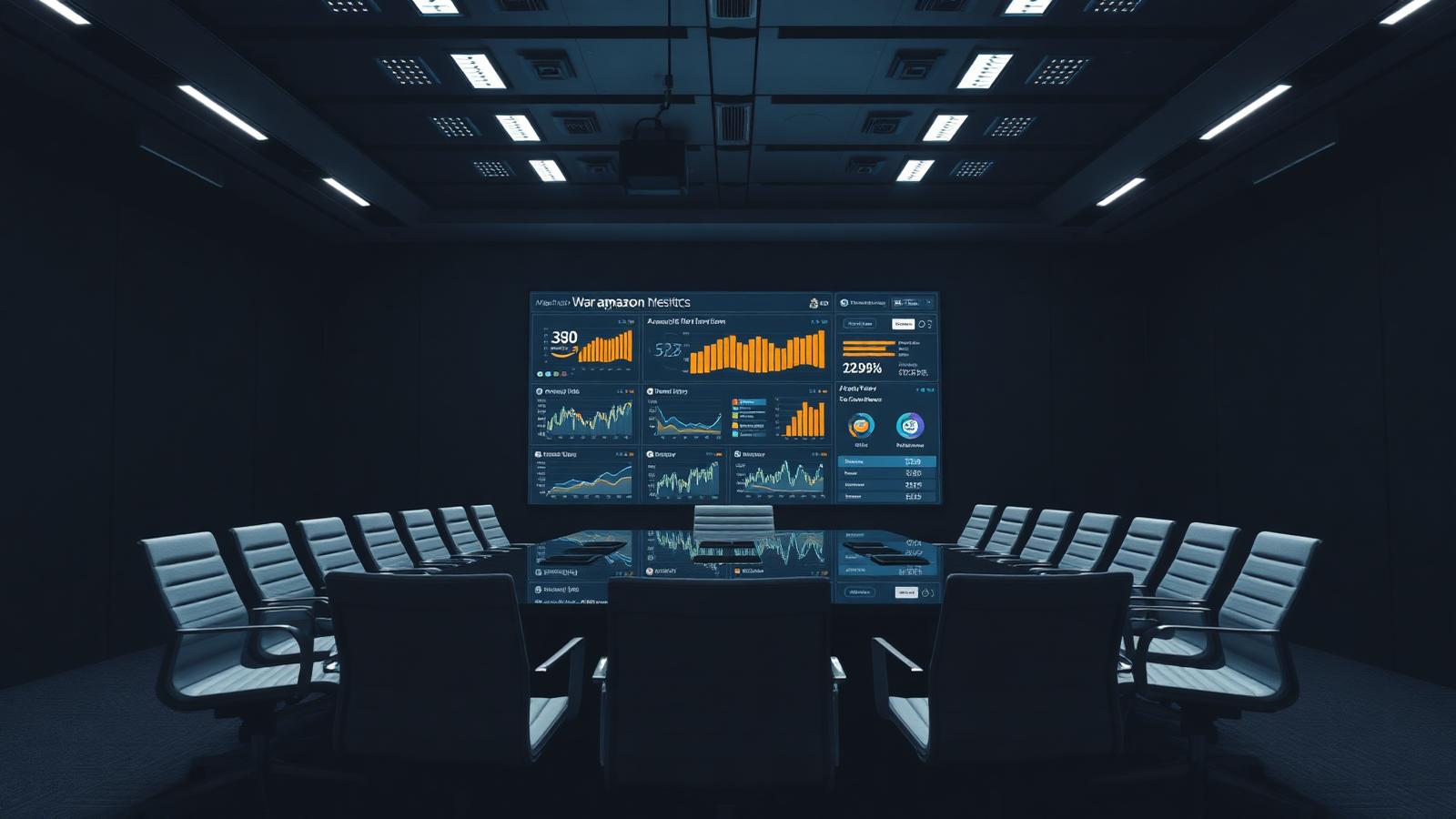 Sala de estratégia com dashboards de performance